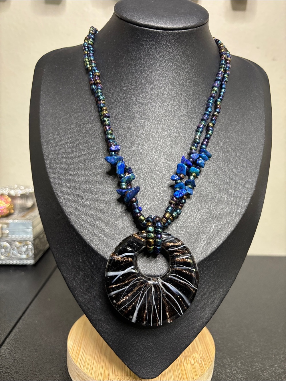 Handcrafted Aurora Borealis Lapis & Black Dichroic Glass Pendant Necklace